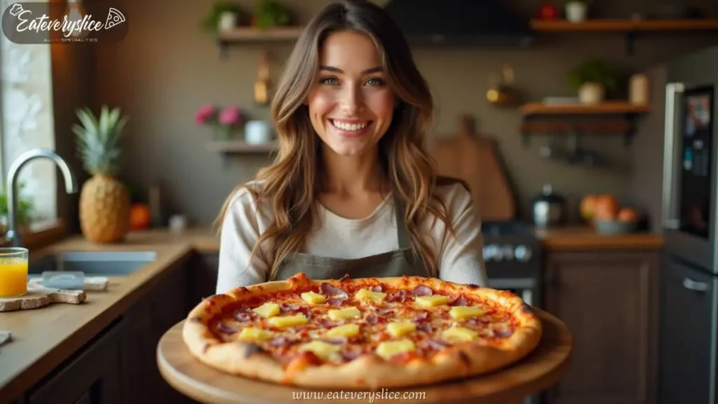 A smiling woman holding a freshly baked Hawaiian pizza on a wooden tray in a cozy kitchen. The pizza features a golden crispy crust, gooey melted cheese, smoky ham, and juicy pineapple chunks, ready to be served.