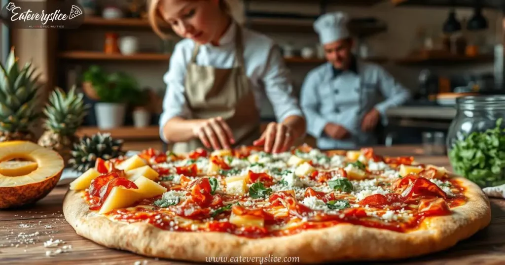 An assortment of fresh pizza toppings, including sliced pineapple, crispy bacon, freshly grated parmesan, and fragrant herbs, carefully arranged on a wooden surface. In the middle ground, a woman in a chef's apron is meticulously assembling the perfect Hawaiian pizza, while a professional chef in the background observes and offers guidance. The scene is illuminated by warm, natural lighting, creating a cozy, inviting atmosphere.