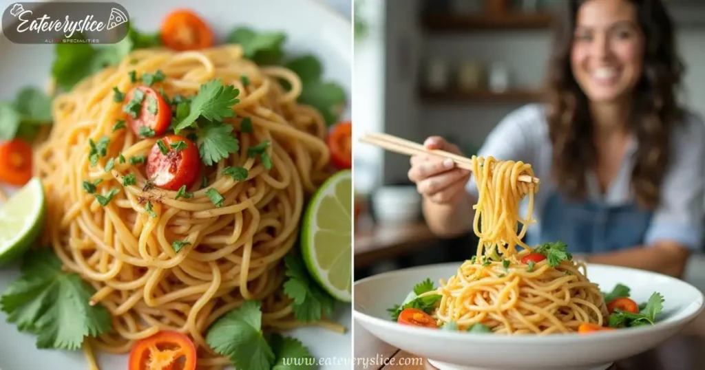 A photocollage showcasing translucent shirataki noodles, vibrant noodle dish with toppings, fresh vegetables, and a joyful woman preparing a healthy, low-calorie meal