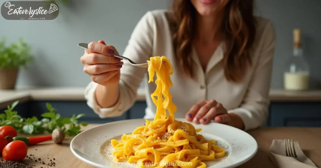 Joyful woman preparing Mafaldine Cacio e Pepe, twirling pasta with fork, coated in Pecorino Romano sauce and black pepper, in a bright kitchen.