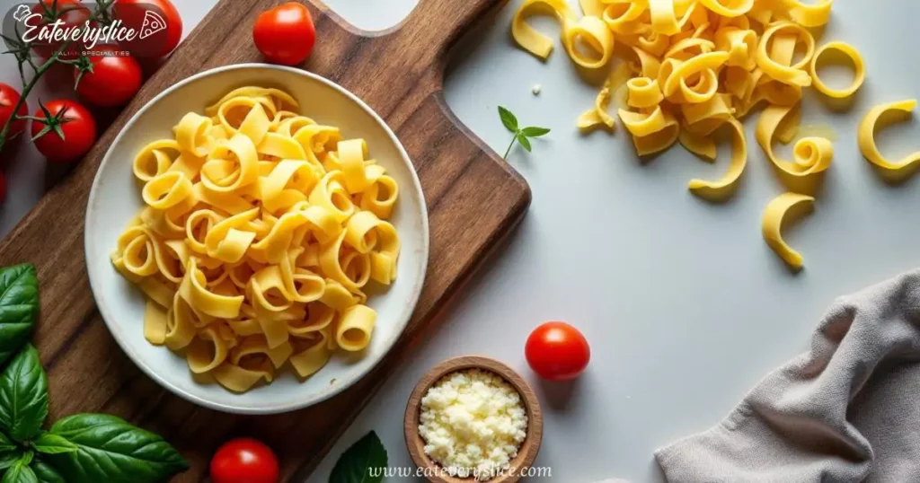 Top-down view of mafalda pasta in various stages of preparation, featuring cooked pasta, fresh ingredients, and a rustic wooden cutting board