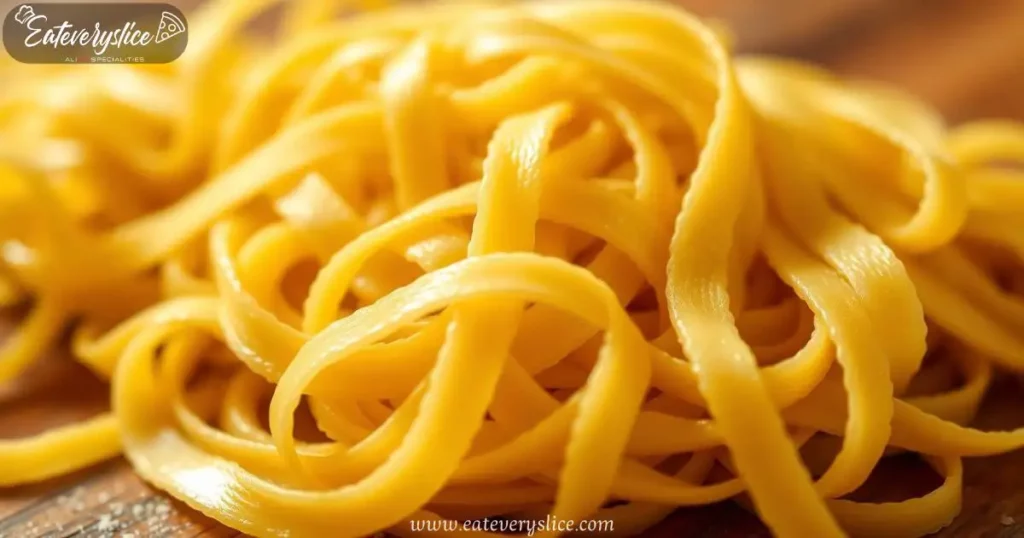 Close-up of freshly made mafalda pasta with olive oil sheen, showcasing its ribbon-like shape against a warm, blurred background.