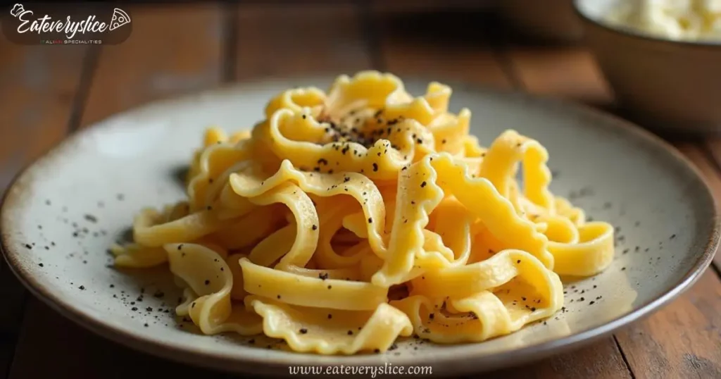 Mouthwatering plate of Mafaldine Cacio e Pepe with ruffled pasta coated in creamy Pecorino Romano sauce, freshly cracked black pepper, set on a rustic wooden table.