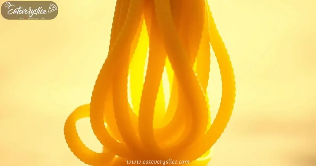 Close-up of tightly coiled mafaldine pasta with delicate ridges, illuminated by warm natural light against a soft, warm-toned background.