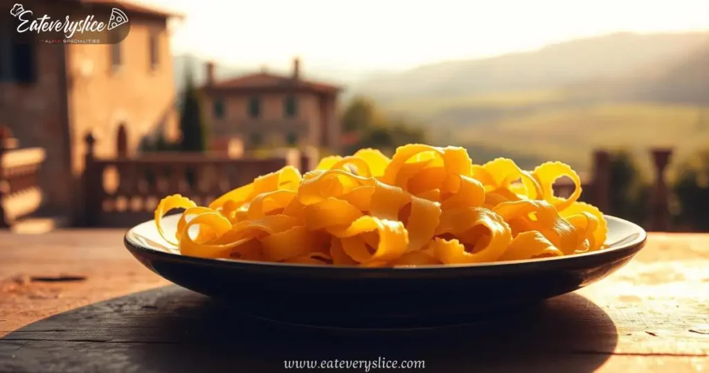 Delicate mafaldine pasta on a rustic wooden plate, illuminated by warm natural light, with a blurred Italian countryside backdrop