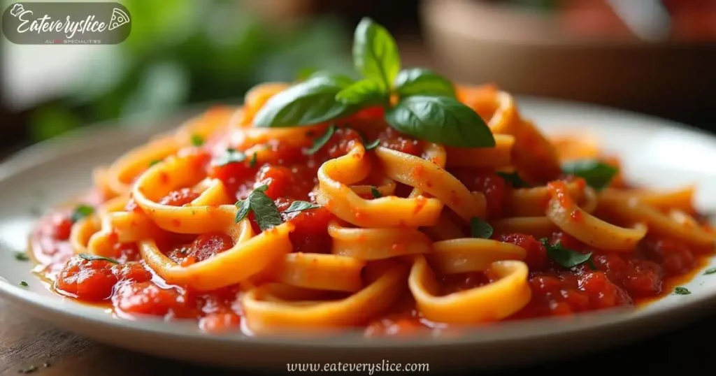 Plate of mafaldine pasta with wavy ribbons, covered in rich tomato sauce, glistening with olive oil and garnished with fresh basil leaves.