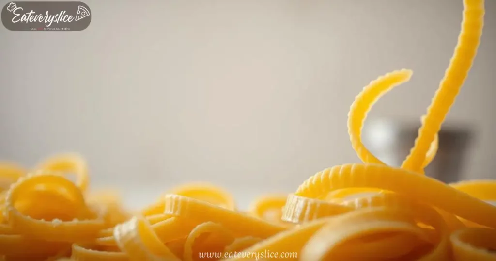 Close-up of delicate mafaldine pasta with undulating strands, reflecting warm light in a cozy kitchen setting.