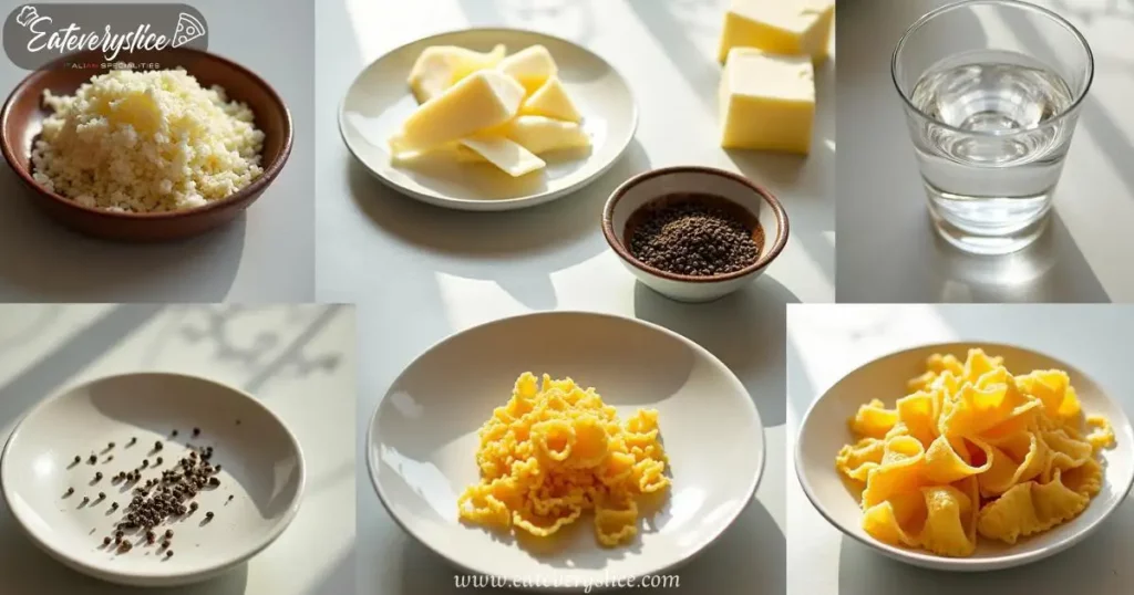 Stylish photocollage of ingredients for Mafaldine Cacio e Pepe, featuring Pecorino Romano, Parmigiano Reggiano, salted butter, black pepper, pasta water, and mafaldine pasta.