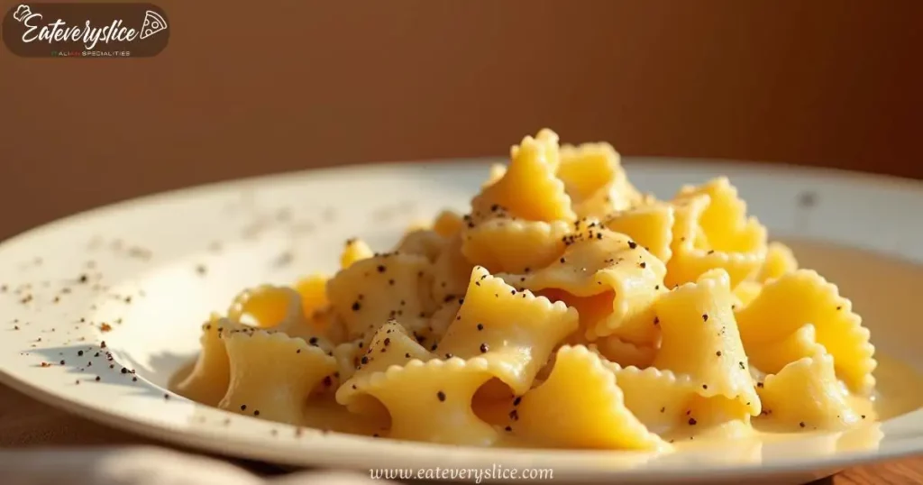 Modern interpretation of Mafaldine Cacio e Pepe with creamy sauce, ruffled pasta edges, and freshly cracked black pepper, in a stylish minimalist setting.