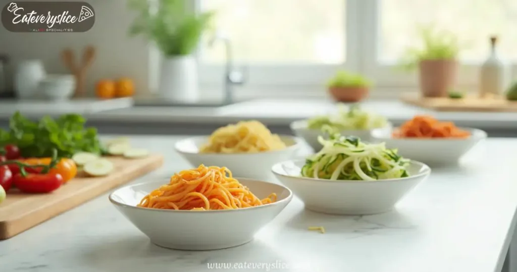 noodles with least calories, An array of low-calorie noodles like shirataki, zucchini, and kelp on a white countertop, surrounded by fresh vegetables, showcasing healthy, zero-calorie pasta options