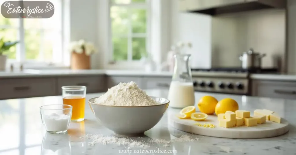 Ingredients for perfect crostata dough on a pristine quartz countertop: flour, egg yolks, sugar, butter, lemon zest, and more in a modern kitchen setting