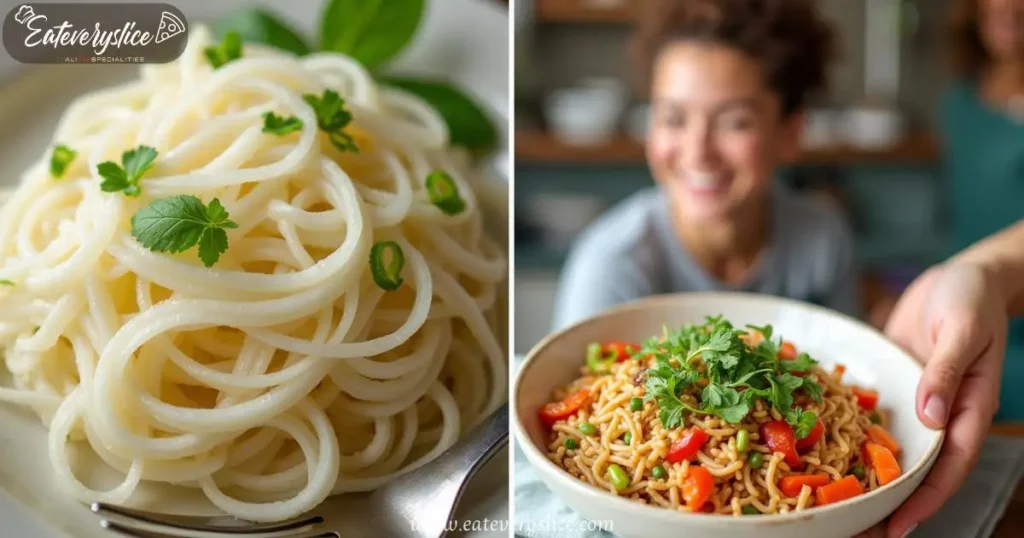 A photocollage showcasing shirataki noodles, a plated dish with vibrant toppings, fresh ingredients like bell peppers and lime, and a happy woman preparing a healthy meal.