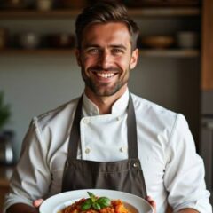 Chef Roberto, an Italian-American cuisine expert from Eat Every Slice, smiling while holding a plate of freshly made pasta garnished with basil.