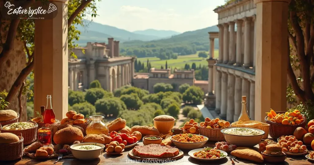 Lavish Roman feast featuring bowls of creamy Mafaldine Cacio e Pepe, golden-roasted meats, and freshly baked bread, set against ancient ruins and rolling Italian hills