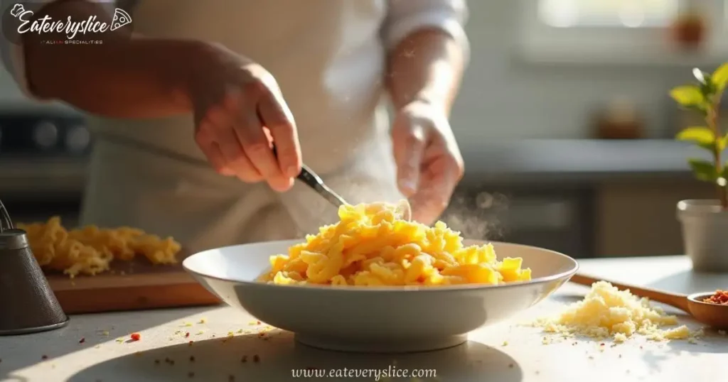 Close-up of steaming mafalda pasta with olive oil, gently tossed by hands, surrounded by rustic kitchen tools and freshly grated Parmesan