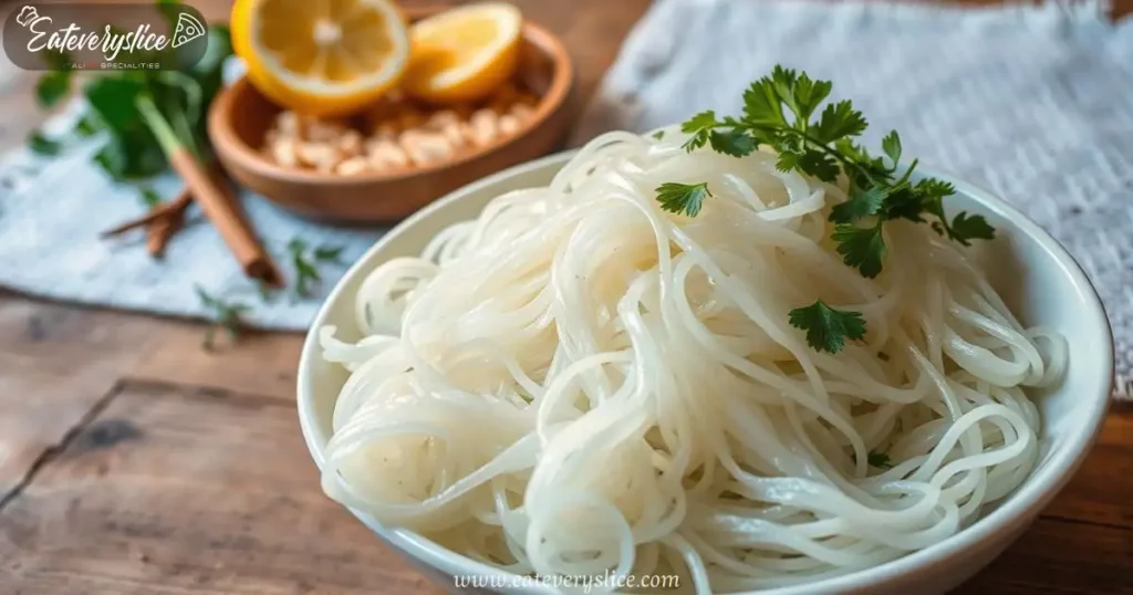 A bowl of steaming shirataki noodles spilling out, glistening under warm light, accompanied by lemon slices and fragrant herbs, highlighting their zero-calorie nature.