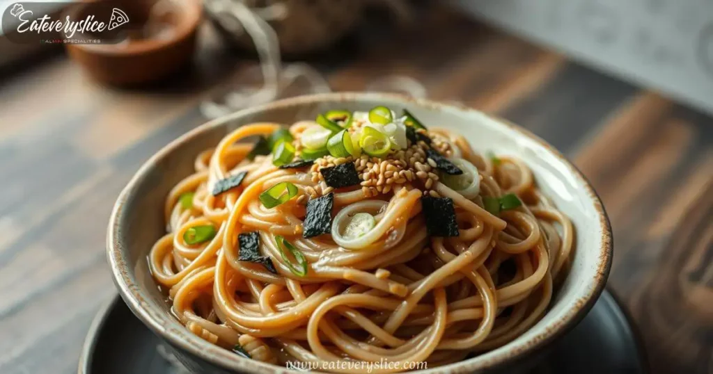 A steaming bowl of soba noodles garnished with scallions, shredded nori, and sesame seeds, highlighting their low-calorie, protein-rich nature in a zen-inspired setting