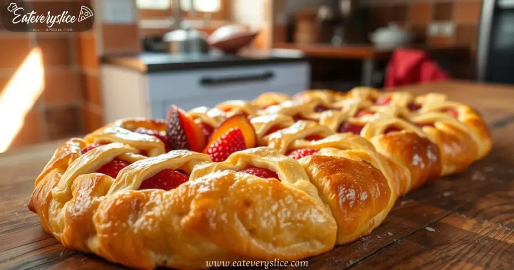 Traditional Italian crostada with a golden, flaky crust, vibrant fruit filling, and intricate lattice pattern, set in a rustic kitchen with warm, earthy tones.