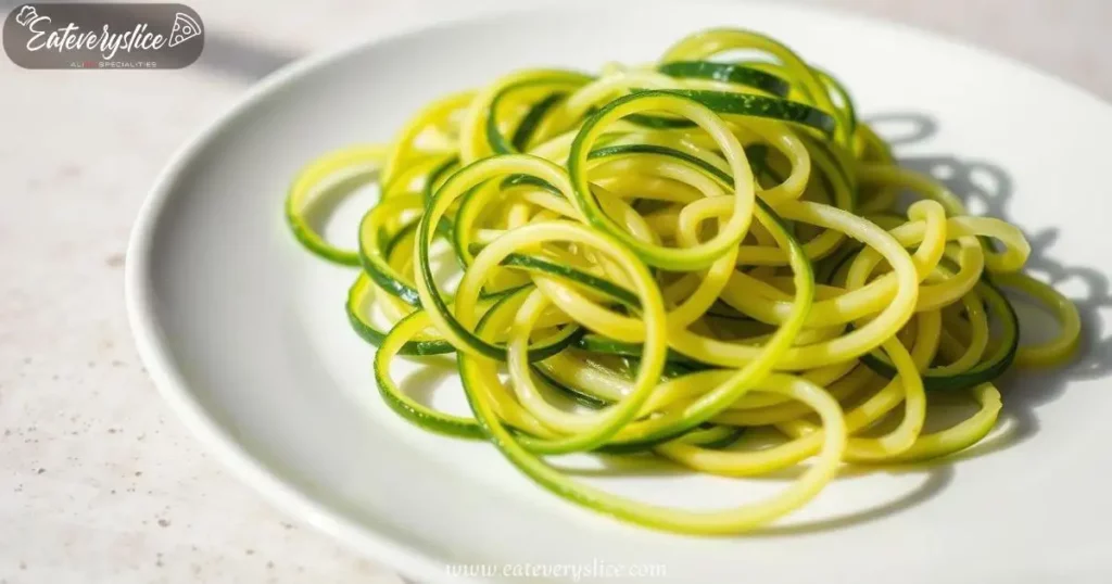 A plate of vibrant zucchini noodles (zoodles) arranged in a spiral, topped with a light sauce, showcasing their fresh, al dente texture and low-calorie nature.